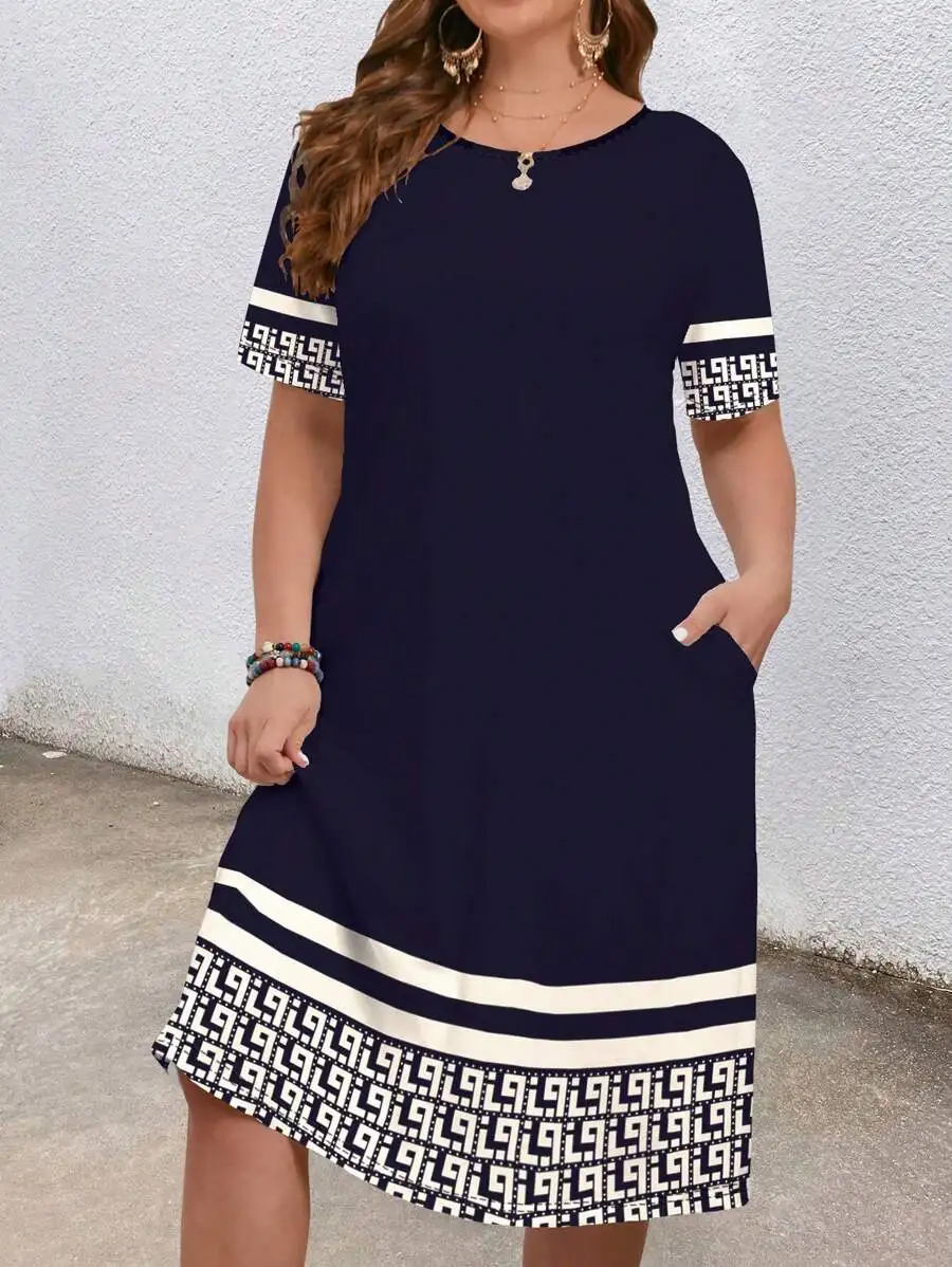 

Plus Size Casual Geometric Print Dress For Women Summer Chic A-Line Dress