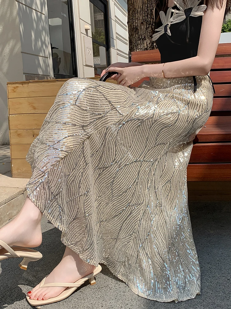 Luxury Sequins Skirts Women Summer 2025 New Loose Casual Elastic High Waist Mermaid Skirt Female Black Midi Skirt Korean Fashion