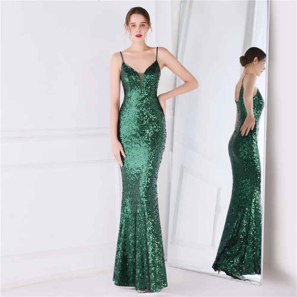 

#19050 Sexy Sling Evening Dress Long Mermaid Party Dress Beauty-Emily Open Back Sequins Gorgeous Formal Prom Gowns Vestidos