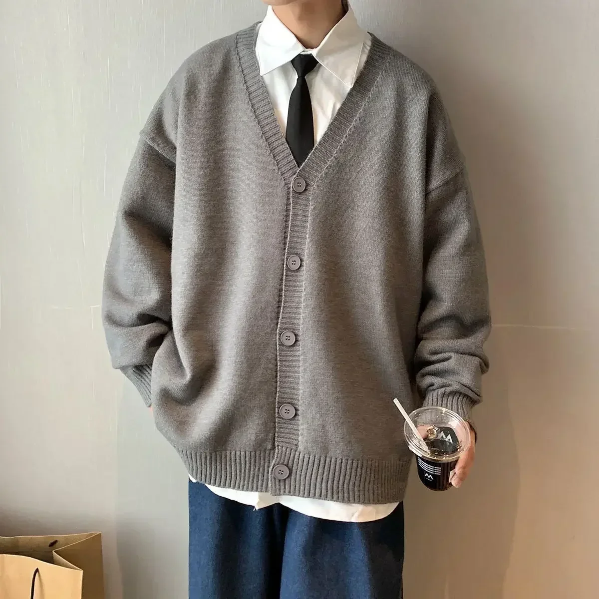 Men\'s Clothing Brown Plain V Neck Knit Sweater Male Solid Color Cardigan Maletry Cheap Best Selling Products 2024 Spring Autumn