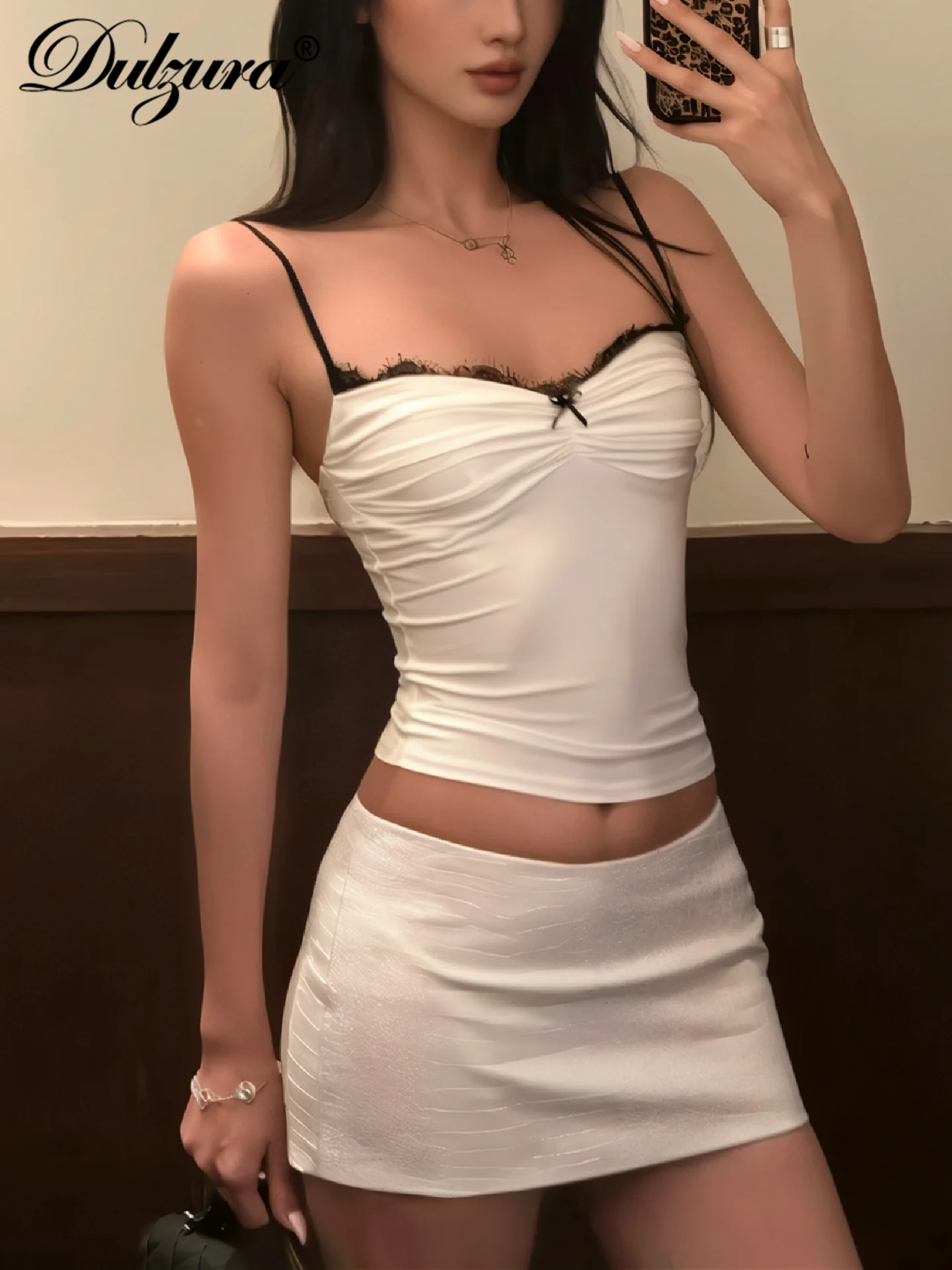 

Dulzura Sleeveless Backless Slim Fit Ruched Lace Ruffles Patchwork Crop Camisole Sexy Elegant Casual Y2K Top Party Club Clothes