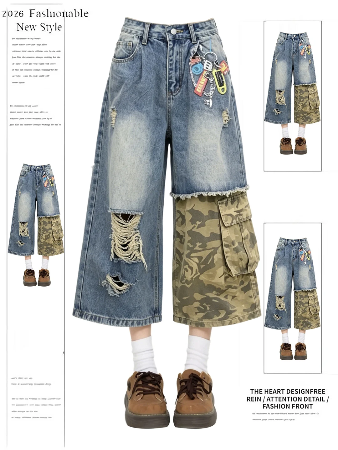 

American Camouflage High Waist Seven-Foot Women's Jeans Summer Street Splicing Loose Wide Leg Pants Casual Wear Blue Denim