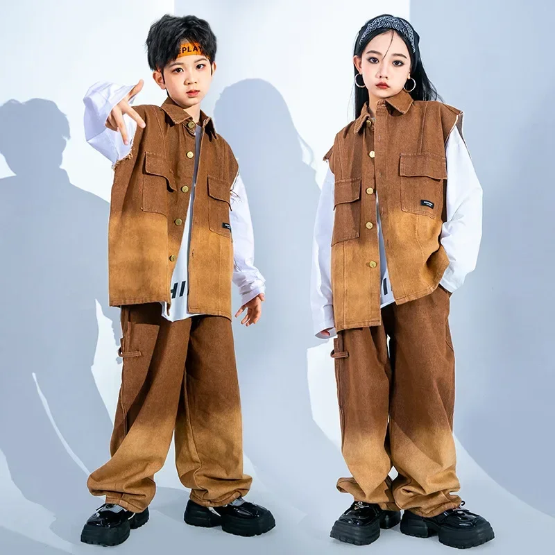 Boys Girls Streetwear Hip Hop Suits Sets Denim Vest Jeans Pants Kids Fashion Dancer Singer Costume Clothes Children Tracksuits