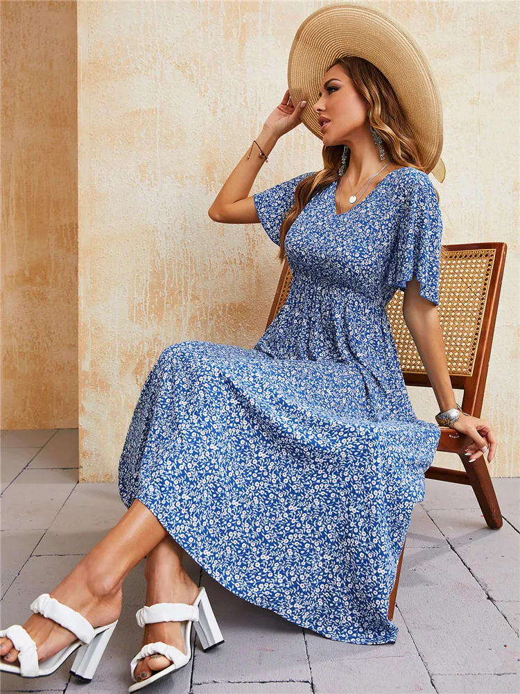 Ladies Vintage Boho Print Summer Dress Women Casual Blue Elastic Waist Bohemian Beach Sundress Women Dress Robe Vestidos Female