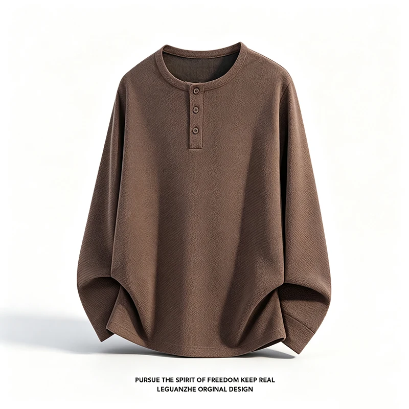 Herren-Langarmshirt mit Henley-Ausschnitt, Herbst-Übergrößen-Modell, lockere Passform, Strickoberteil, schlichtes Knopfleisten-Design, bequemes, lässiges Hemd für den Alltag – Detail 5