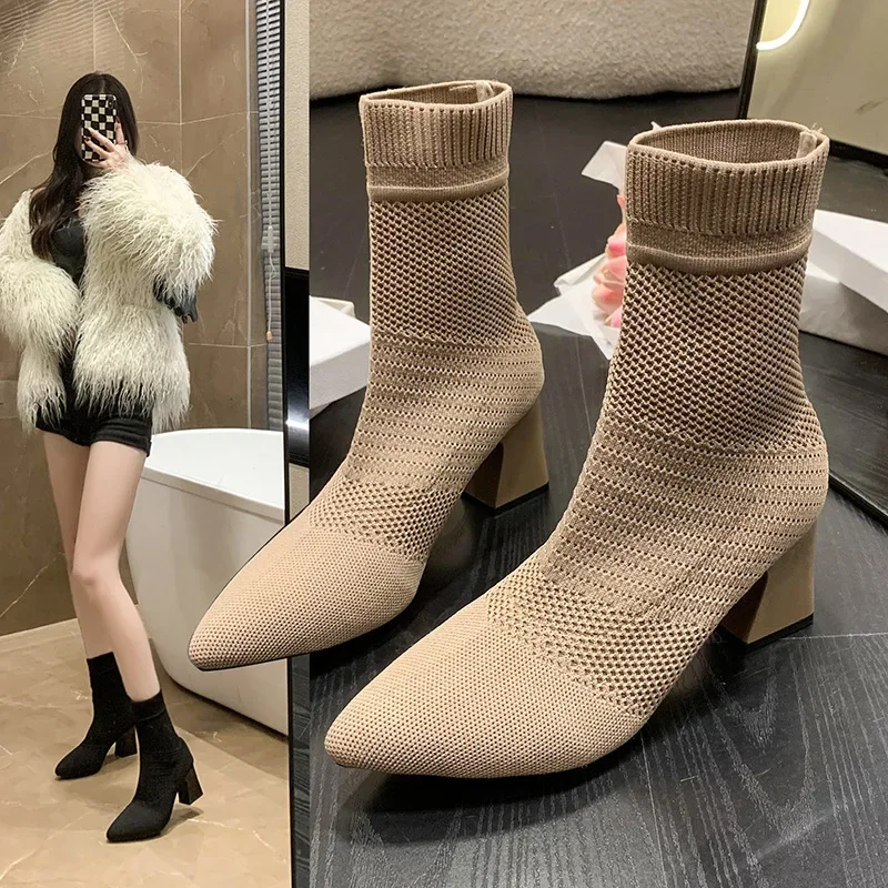 

Candy Color Sock Boots Women Pointed Toe High Heels Leopard Stretch Fabric Bottes Stripe Knitting Ankle Boots Autumn Comfortable