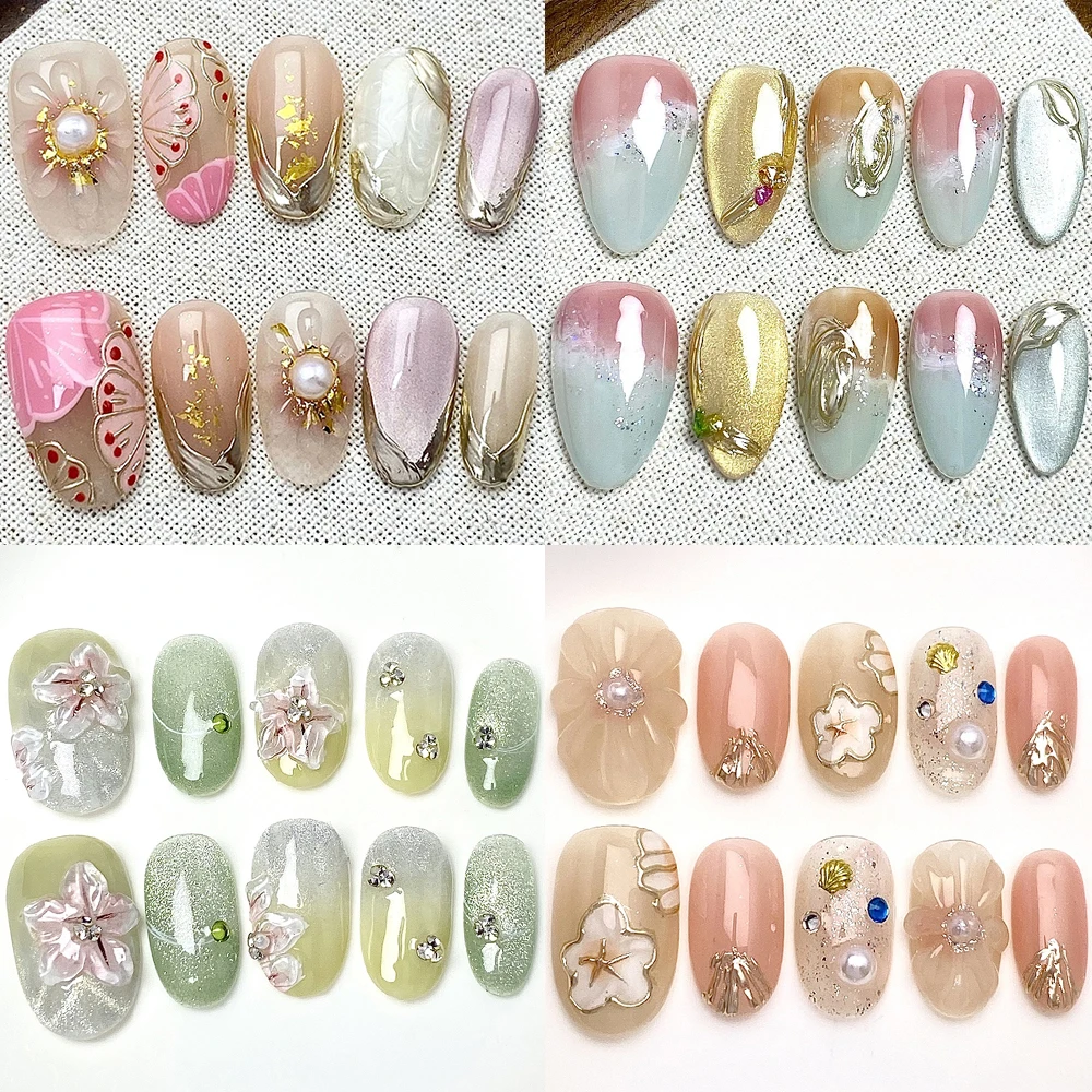 

10Pcs Cute Handmade Short Square Ellipse Full Cover Fake Nails Cat Eyes Gradients Flowers Diamond Wearable Fake Nails Gifts