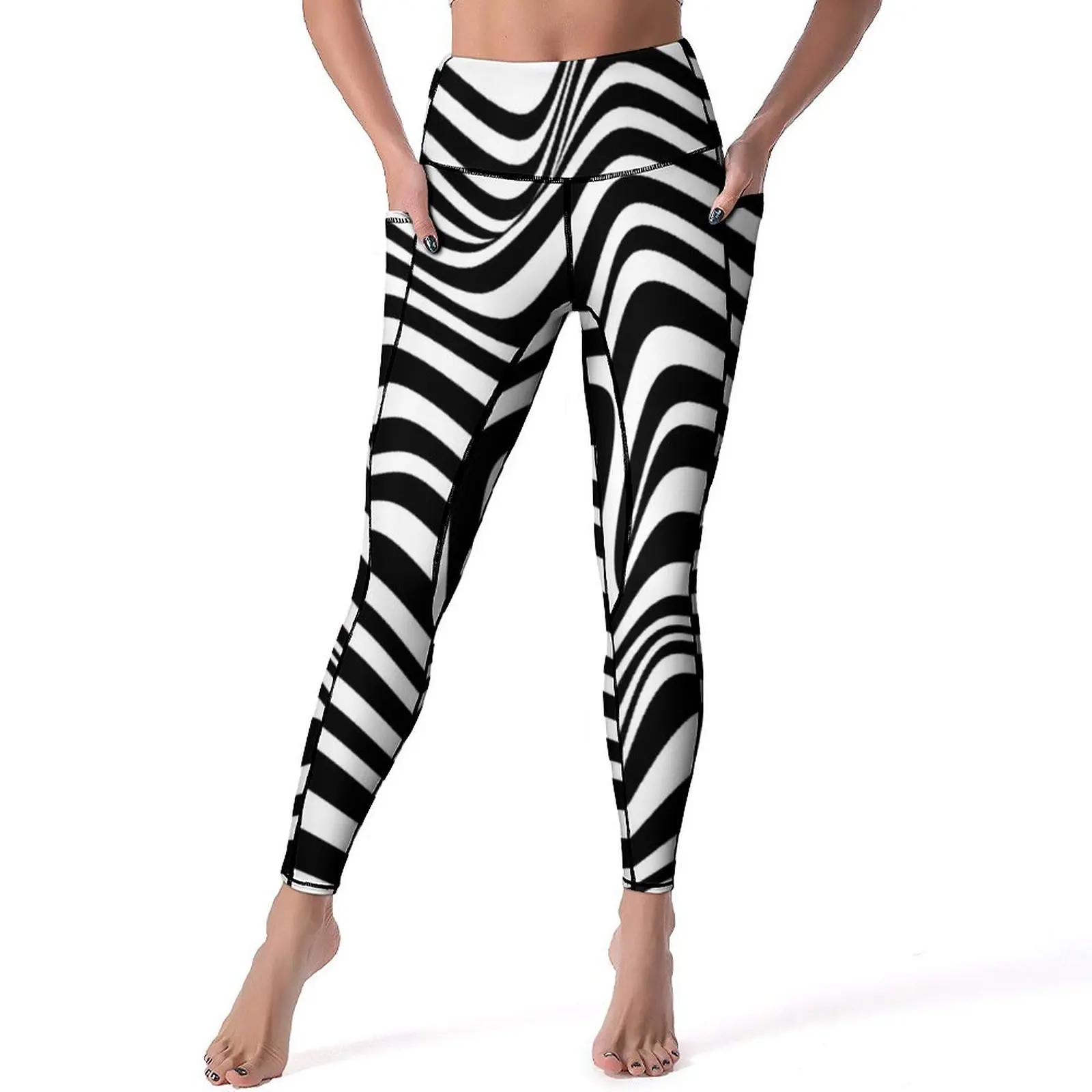 

Abstract Striped Design Yoga Pants Black White Stripes Leggings Sexy High Waist Retro Yoga Sport Legging Stretch Workout Leggins