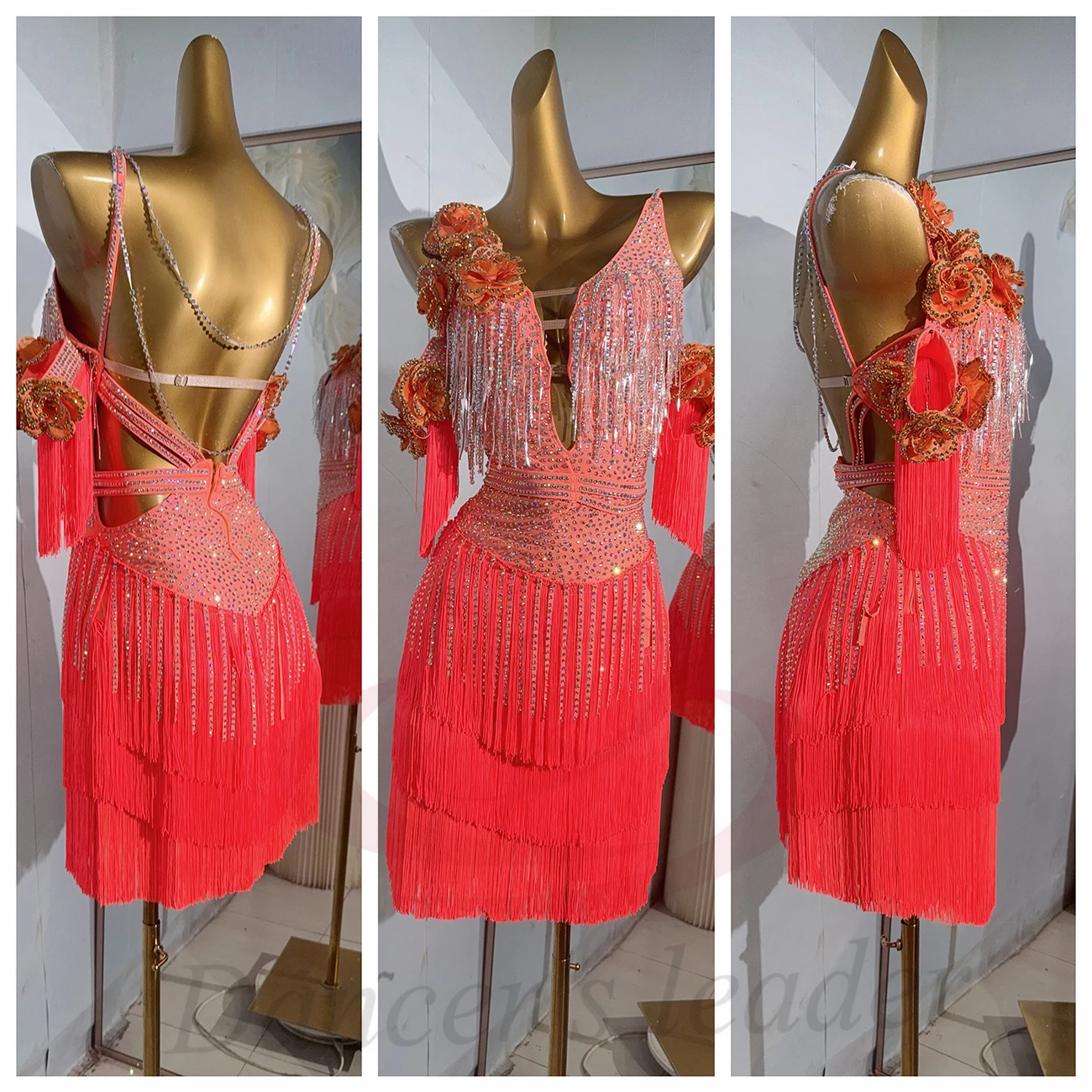 Latin danseres volwassen kinderen high-end op maat gemaakte holle kwastjesjurk Samba strass prestatiejurk