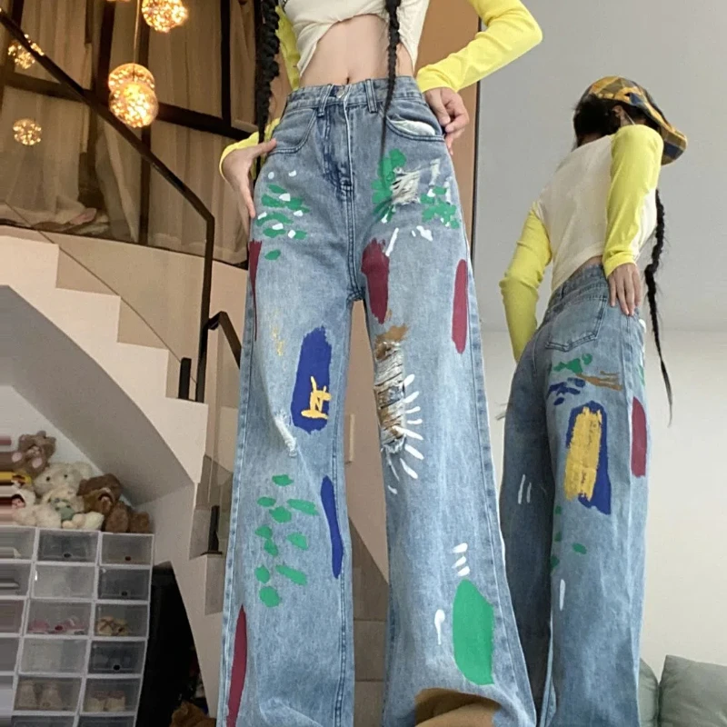 

Джинсы в американском стиле Vibe в стиле ретро с дизайном граффити для женщин, новые нишевые свободные висячие брюки с высокой талией для похудения, прямые брюки