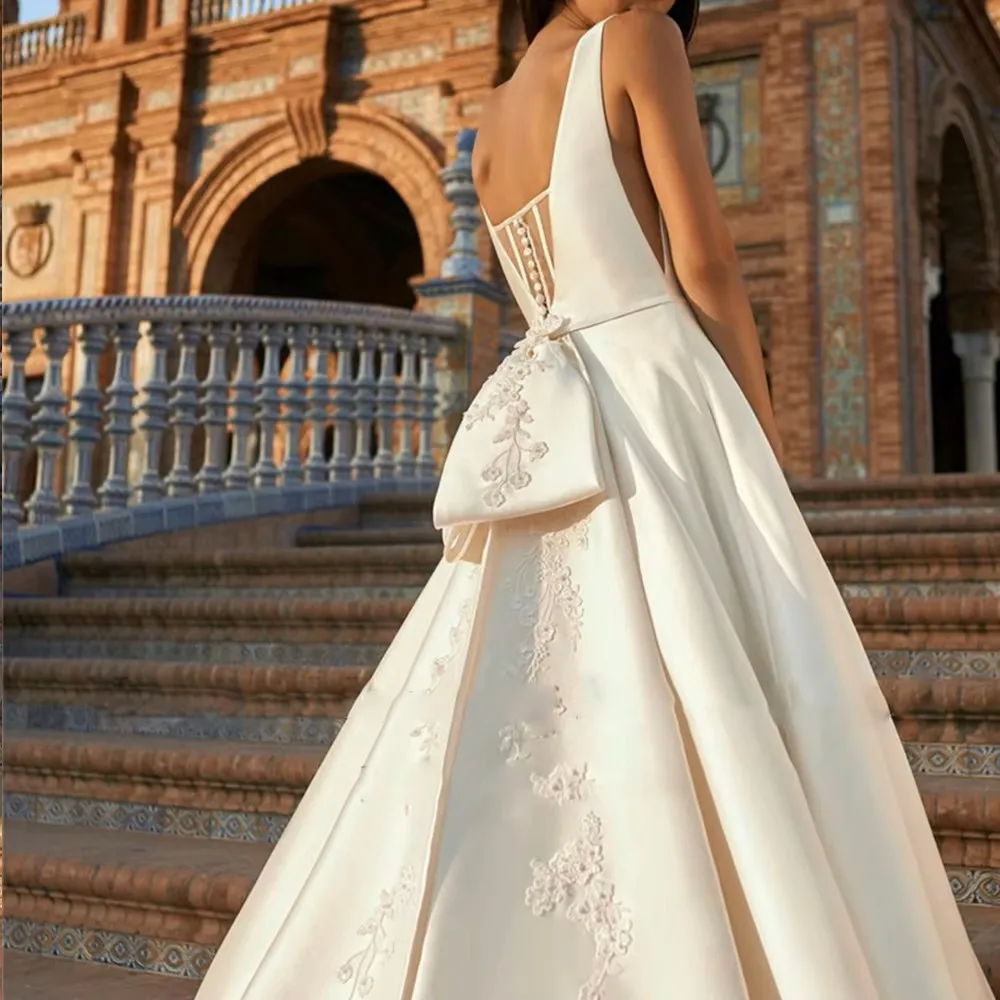 فستان زفاف أنيق على شكل حرف v مزين بالدانتيل بدون أكمام ذيل محكمة على شكل حرف a فستان العروس فستان الزفاف vestidos de novia #3