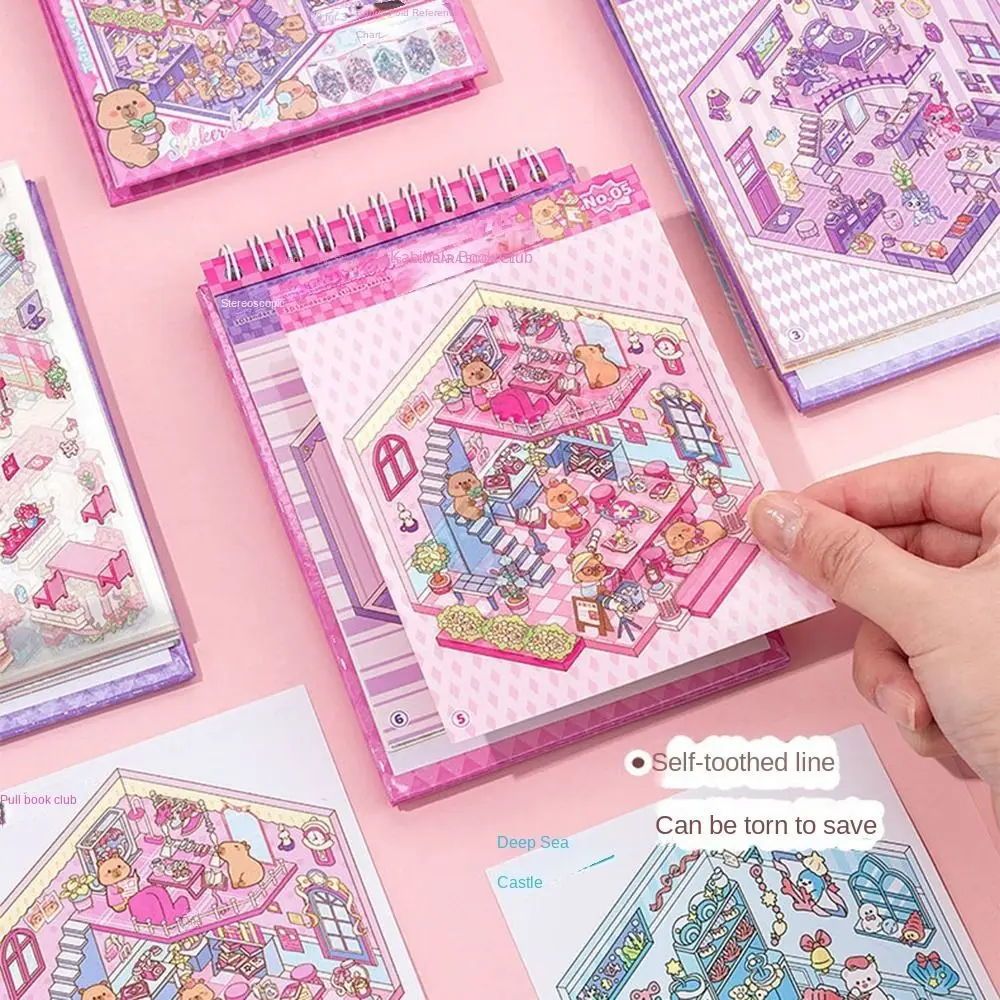 10 in 1 Landscape Sticker Book Capybara Cartoon Cabin Scene Decorative Decals Tear-proof Cute Cabin Scene Pocket Sticker