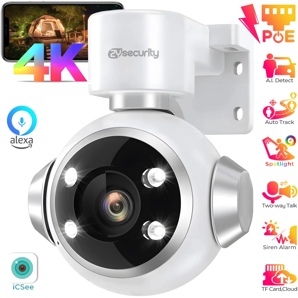4K 8MP IP ポー PTZ セキュリティカメラ パンチルト 人間の検出 屋外監視カメラ 色 ナイトビジョン 自動追跡 CCTVカメラ Icsee