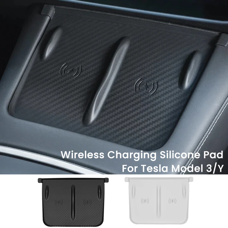 For Tesla Model 3/Y Wireless Charging Silicone Pad Carbon Fibre Central Control Charger Protector Cover Non-Slip Mat Accessories