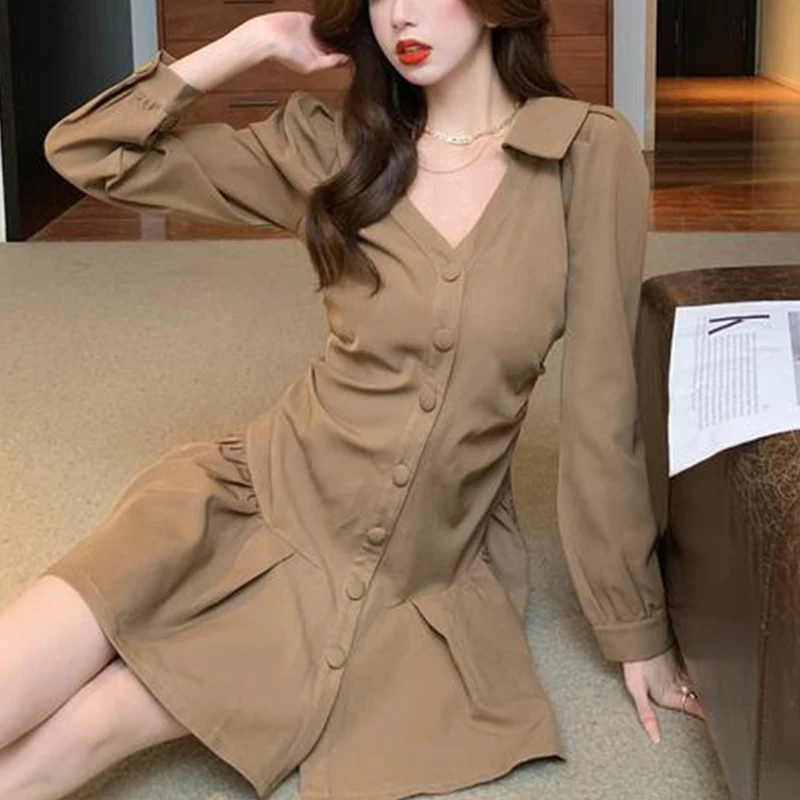 Spring New Sexy V-neck Pleated Single Breasted Mini Dress Lady Long Sleeve Slim Casual Fashion Robe Dresses Vestidos De Fiesta