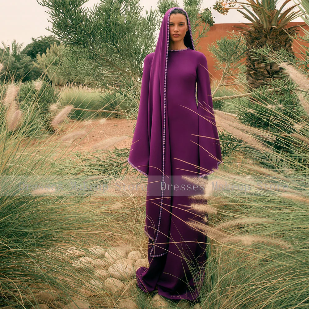 Modest Evening Dress Purple Pearls O Neck Long Sleeves 2025 Women's Evening Gowns Long A Line Formal Party Dresses with Scarf image 6