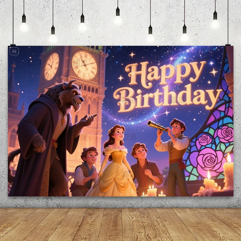 

MINISO Beauty and Beast Astronomy Backdrop Belle Beast - Lumière Banner Vinyl Decor Happy Birthday Photography Background Custom