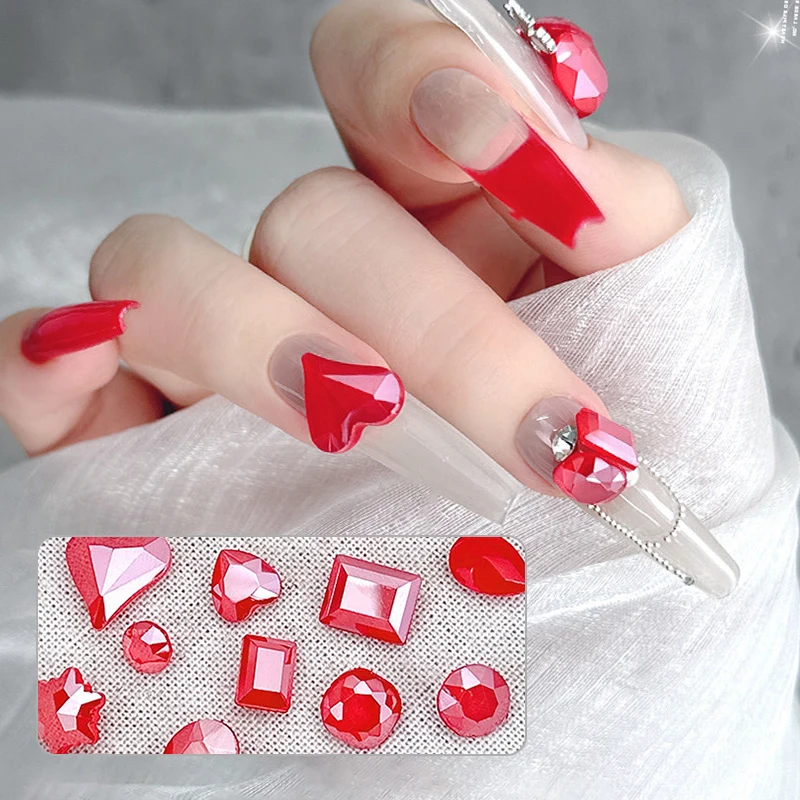 10Pcs Sparkle Crystal Red Rhinestones 3D Nail Art Decoration Translucent Nail Charms Mix Shape Jewlery Manicure DIY Nail Art