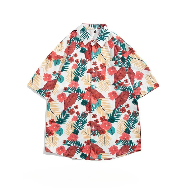 Men's Summer Seaside Vacation Hawaiian Short Sleeve Floral Shirt High Street Retro Casual Loose Handsome Beach Print Shirt Coat