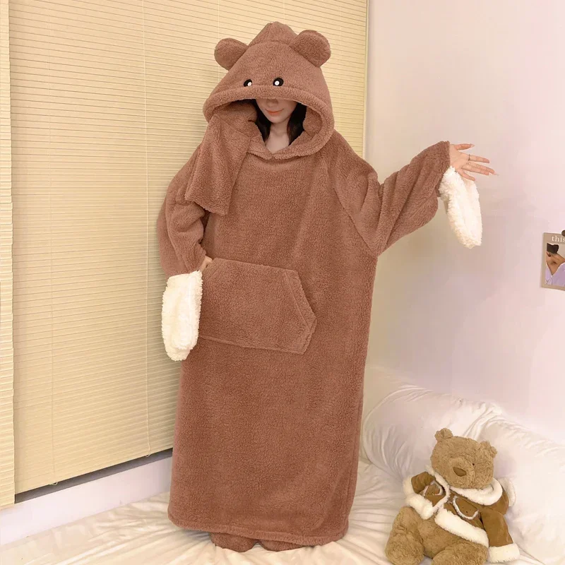 Funny Bear Winter Nightgown Women Men Pajamas Long  Nightdress Home Wear Thicken Soft Warm Sleepwear Korean Loose Lovers Pyjamas