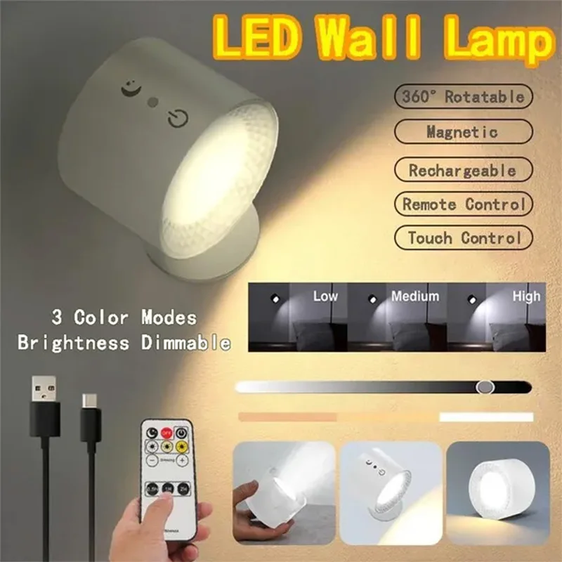 Led Double Head Wall Lamp Touch Control Remote 360 Rotatable USB Recharge Wireless Portable Night Light For Bedroom Reading Lamp