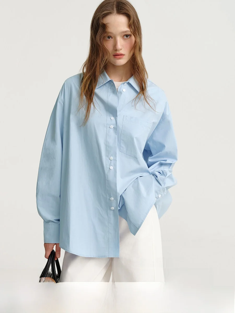 

Женская модная рубашка из чистого хлопка больших размеров, синяя, с длинным рукавом, для ранней осени, как верхняя одежда или внутренний слой