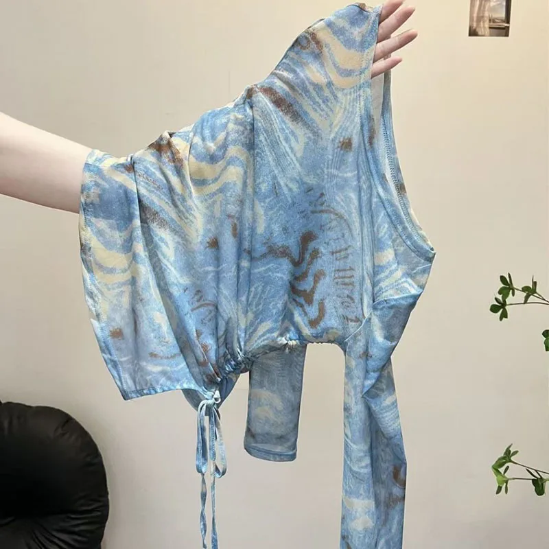 Retro tie dye sunscreen Mesh T shirts Irregular drawstring Long Sleeve Women Tops