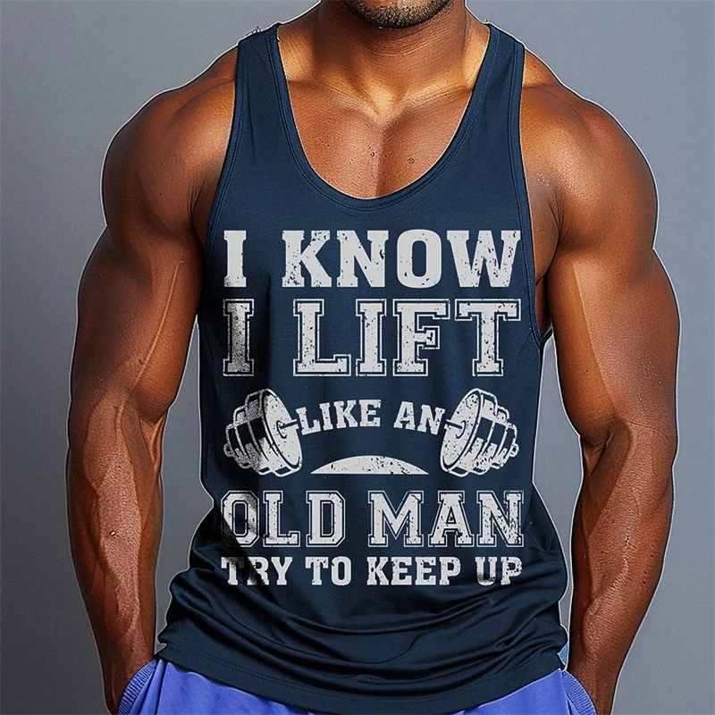 Men I Know I Lift Like An Old Man Graphic Tank Top, Sleeveless Gym Workout Muscle Vest, Casual Fitness Sports Tank Shirt
