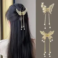 Retro Hollow Butterfly Tassel Hairpin Korean Girl Rhinestone Ponytail Hair Grabber Elegant Pearl Hair Accessories for Women