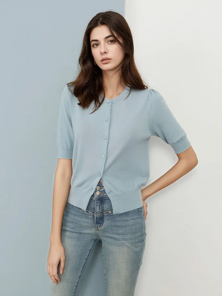 SuyaDream, 100%Sheep Wool Cardigans For Woman, O Neck and Short  Sleeves Sweaters, 2025 Fall Winter Jackets, Sky Blue, White