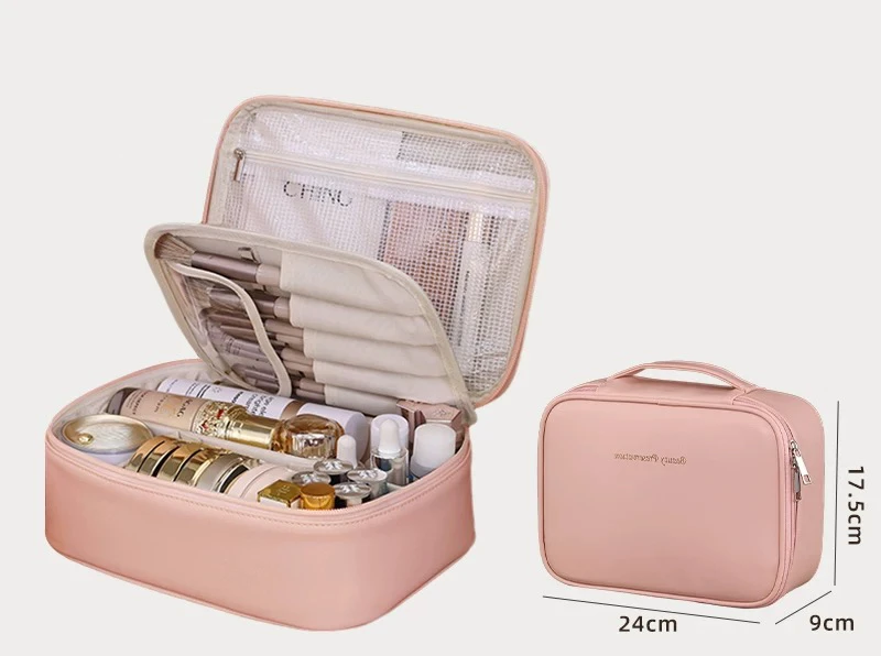 حقيبة مكياج، حقيبة مستحضرات تجميل محمولة، حقيبة مستحضرات تجميل قابلة للفصل ذات سعة كبيرة، منظم مكياج للسفر من مادة البولي يوريثان، مرحاض محمول