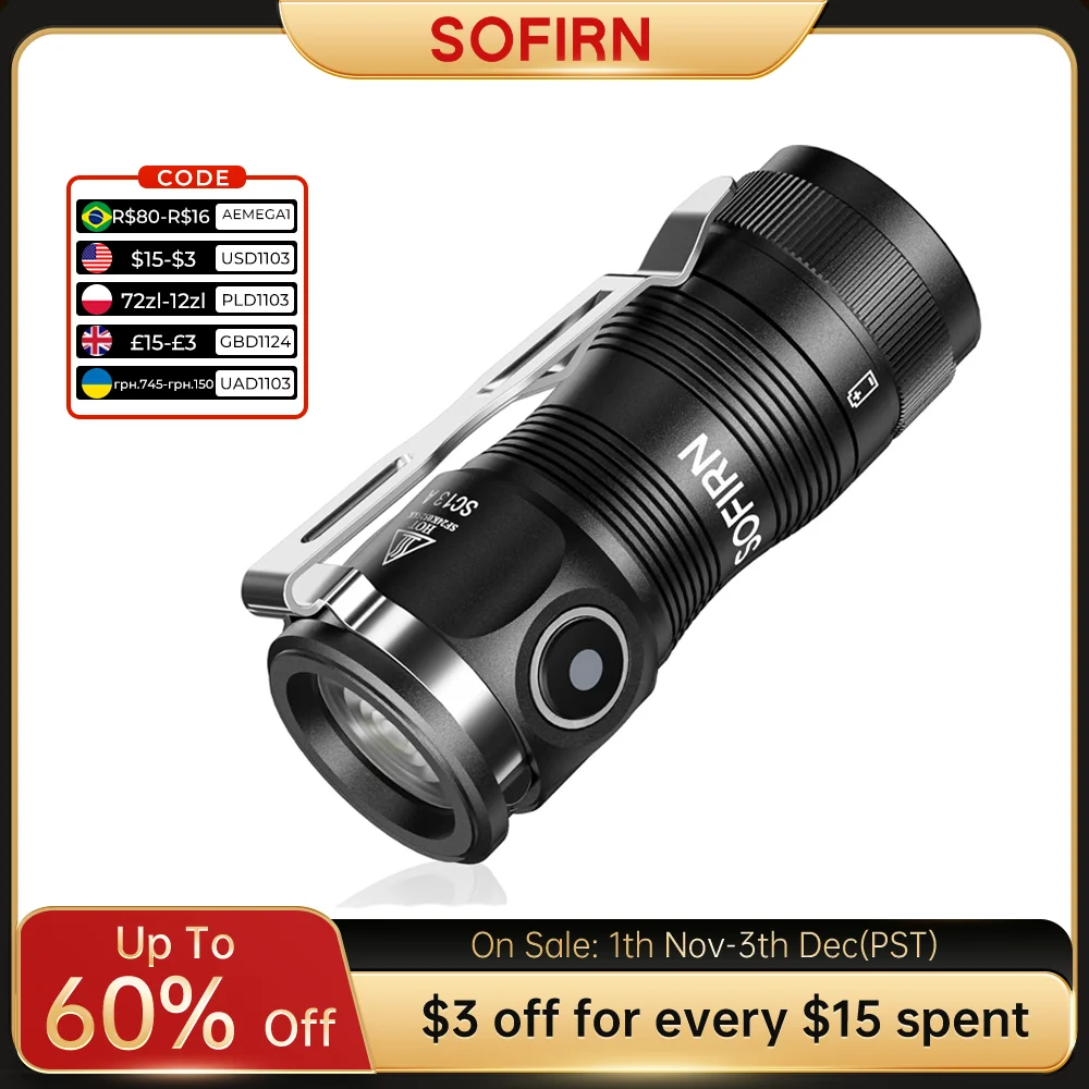 Sofirn Mini SC13A Anduril Powerful Flashlight 519A LED 1300lm 18350 Rechargeable Led Light 95 High CRI Torch Lamp with Magnetic