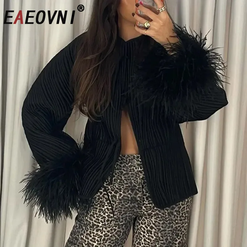 EAEOVNI Black Feather Spliced Design Fashion Jacket O Neck Lace-up Button High Street Coat Female 2025 Spring New Clothing