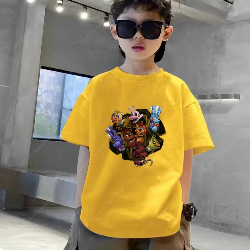 FNAF Print Anime Tee Summer Cotton T-shirt Casual Boy Short Y2k Fashion Bear Rabbit Game Kawaii Tops Kids Clothes Girls Chlidren