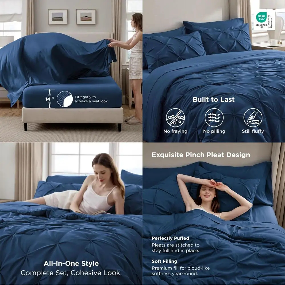 

Navy Blue Queen Bedding Set - 7-Piece Pintuck Comforter with Sheets, Pillowcases, and Shams for All Season Use