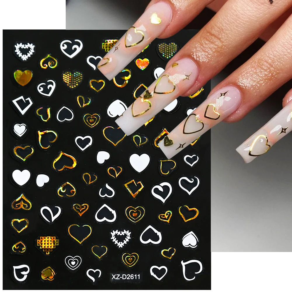 1PC Holographic Laser Heart Nail Stickers-3D Self-Adhesive Golden White Valentines Day Nail Decals For Women Nail Art Decoration