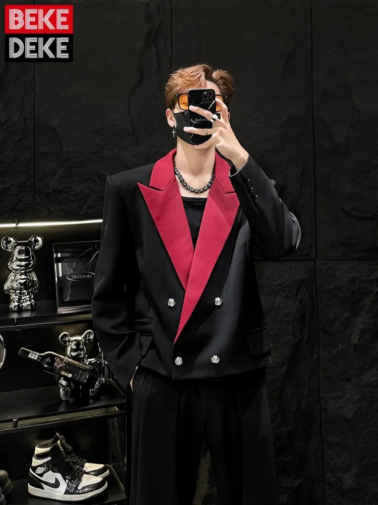 Youthful Style Men Chic Spliced Contrasting Colors Suit Jacket Korean Style Double Breasted Blazers Coat Loose Fashion Outerwear