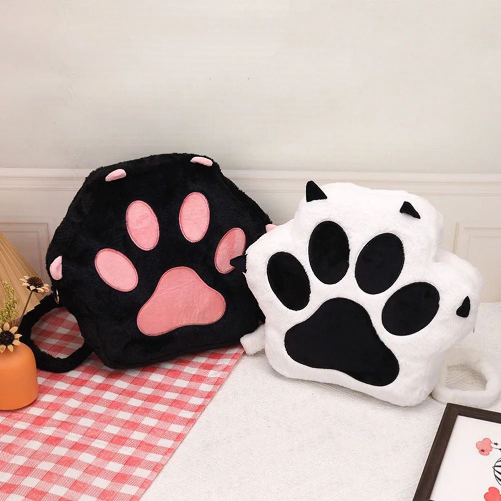 Cute Cat Paw Soft Furry Purse with Adjustable Straps Sweet School Bag with Zipper JK Girls Bag Cartoon Backpack for Women Girls