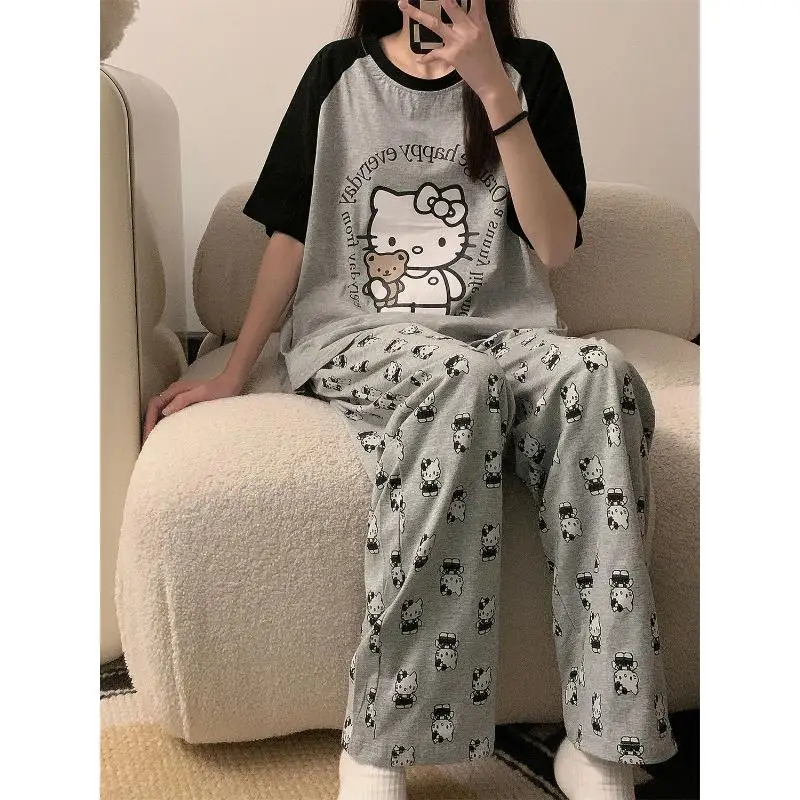 

2 шт. милые пижамы Sanrio, костюм для девочек «Hello Kitty», летняя мода, свободные повседневные удобные дышащие элитные подарки с круглым вырезом