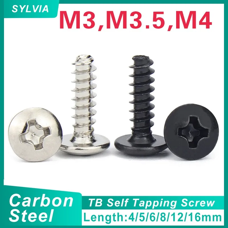 

50/ 100pcs M3 M3.5 M4* L Steel Nickel/ Black Zinc Plated Phillips Truss Head (Cross Recessed Mushroom Head) Self Tapping Screw