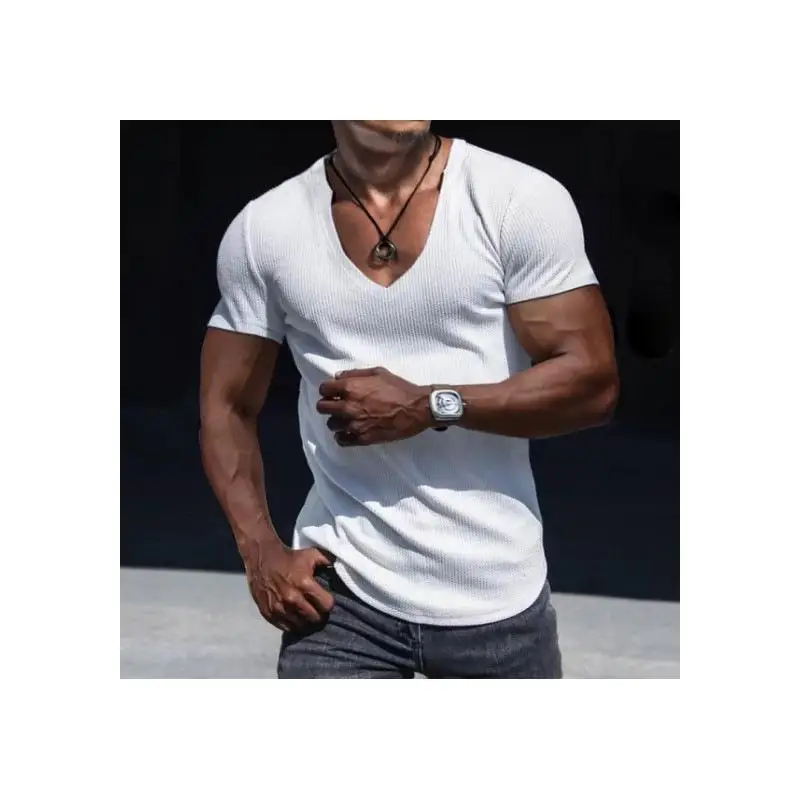Men's Casual V-Neck T-Shirt Fashionable Breathable Cotton Short Sleeve Sporty Cleanfit Style Bright Thread Detailing