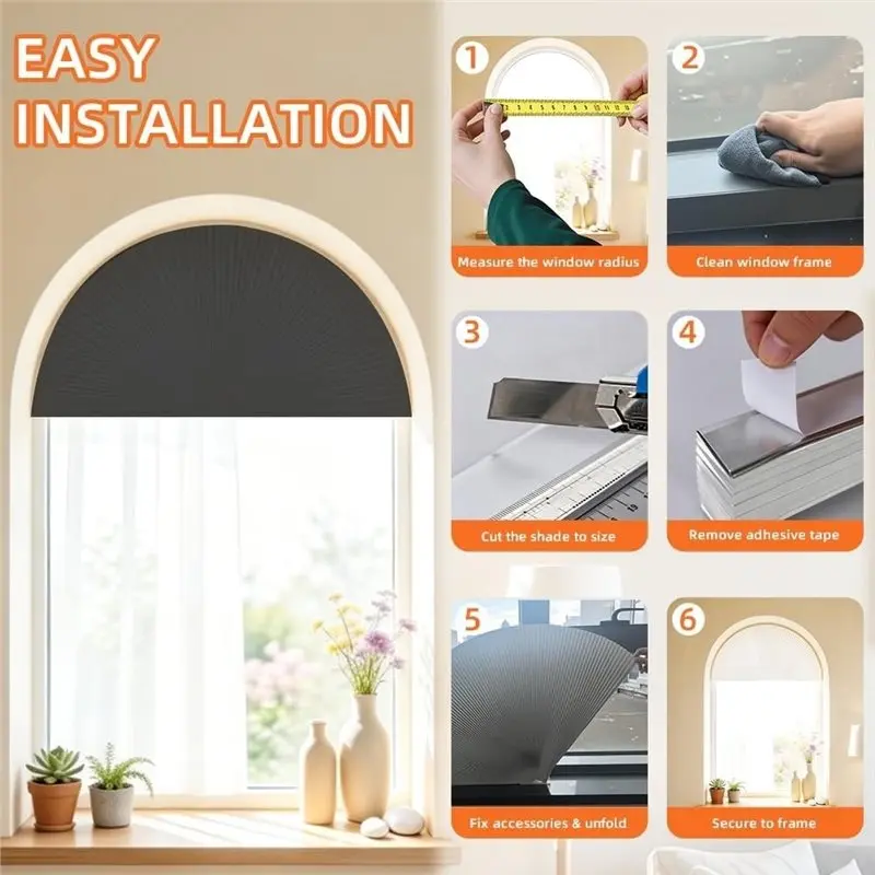 HGHO Arch Window Shades Blackout, No Drill Half Circle Honeycomb Blinds For Window Thermal Noise Reduction, Blackout,