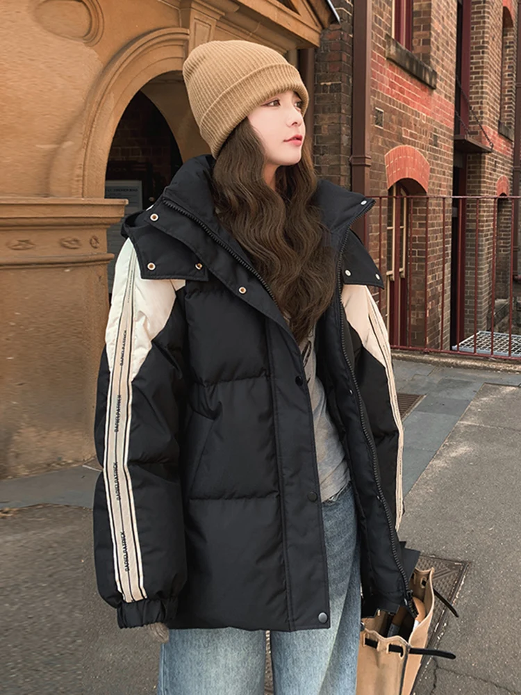 Black College Style Hooded Down Jacket For Women Winter 2024 New White Duck Down Thick Popular Loose Bread Hoodie Jackets