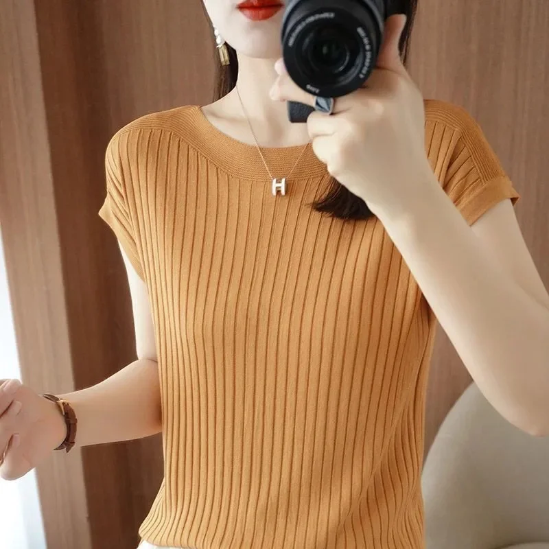 2024 New Spring Autumn Fashion Straight Neck Knitted Sweater Short Sleeve Women Solid Color Simple Casual Tops Femme