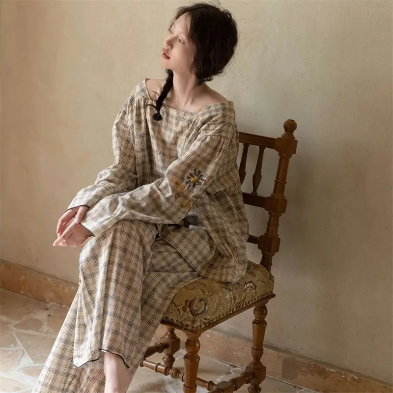 봄과 가을을 위한 달콤한 체크무늬 소녀 잠옷 세트 패션 홈웨어 새로운 한국 버전 연꽃잎 가장자리 소매