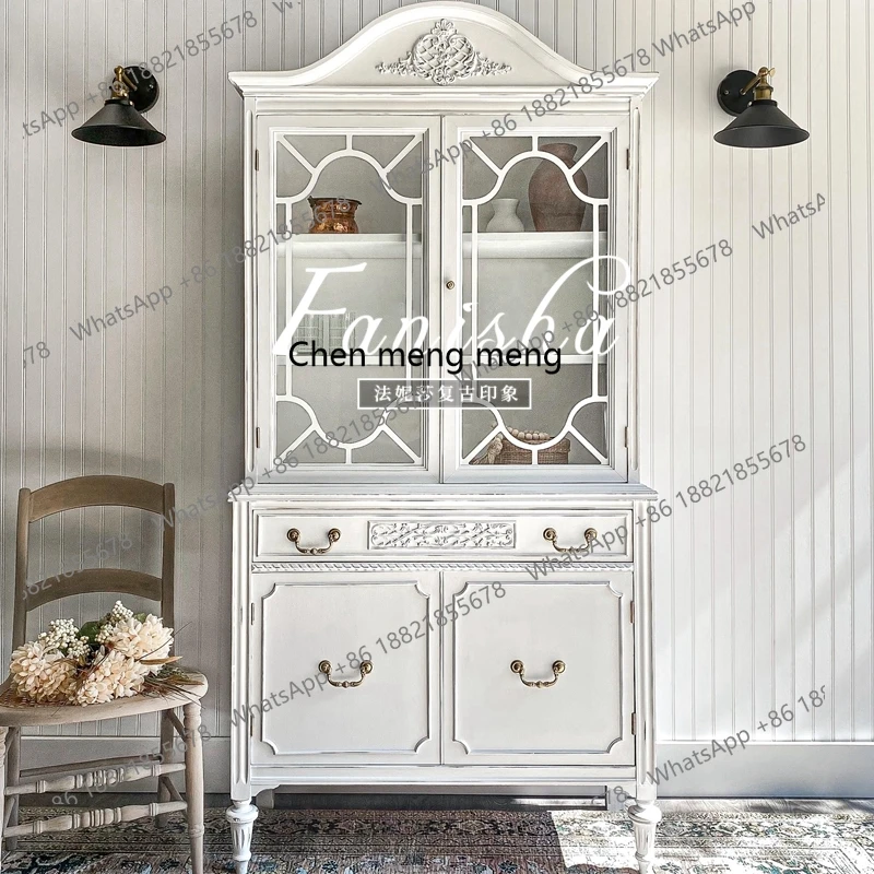 

French retro white solid wood carved wine cabinet display American classical glass door side cabinet