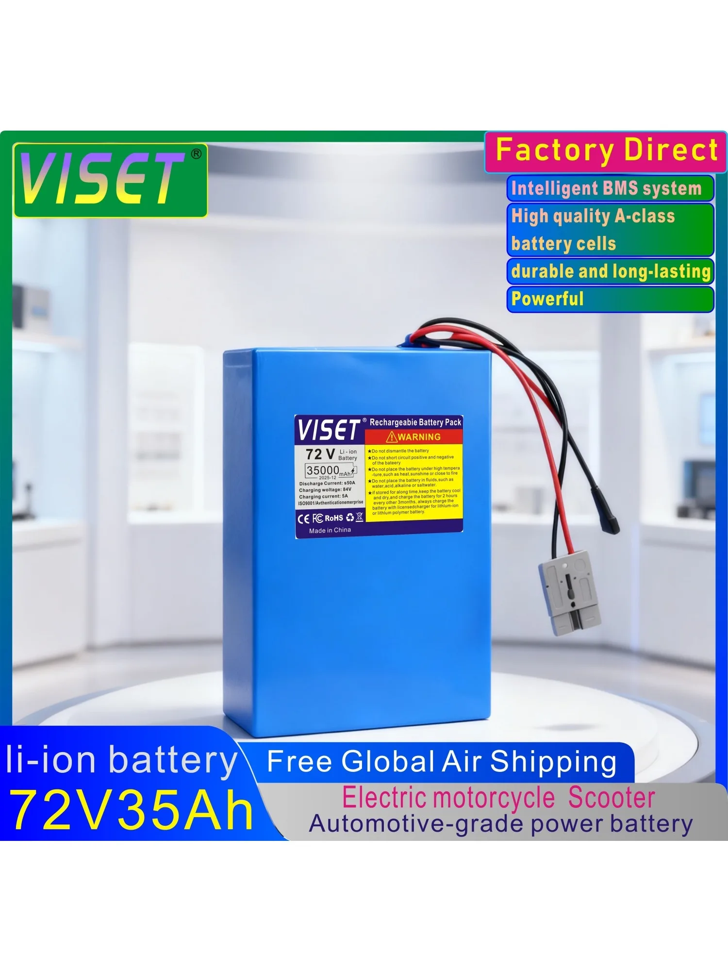 AliExpress VISET 2026 New18650 72V 35Ah lithium-ion battery with built-in BMS 250-3000W high-power battery  EScooter Ebike Battery Pack charger