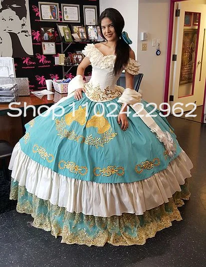 White Sky Blue Princess Mexico Quinceanera Dresses Off Shoulder Embroidery Horse Lace-up corset Charro vestidos de quinceañeras