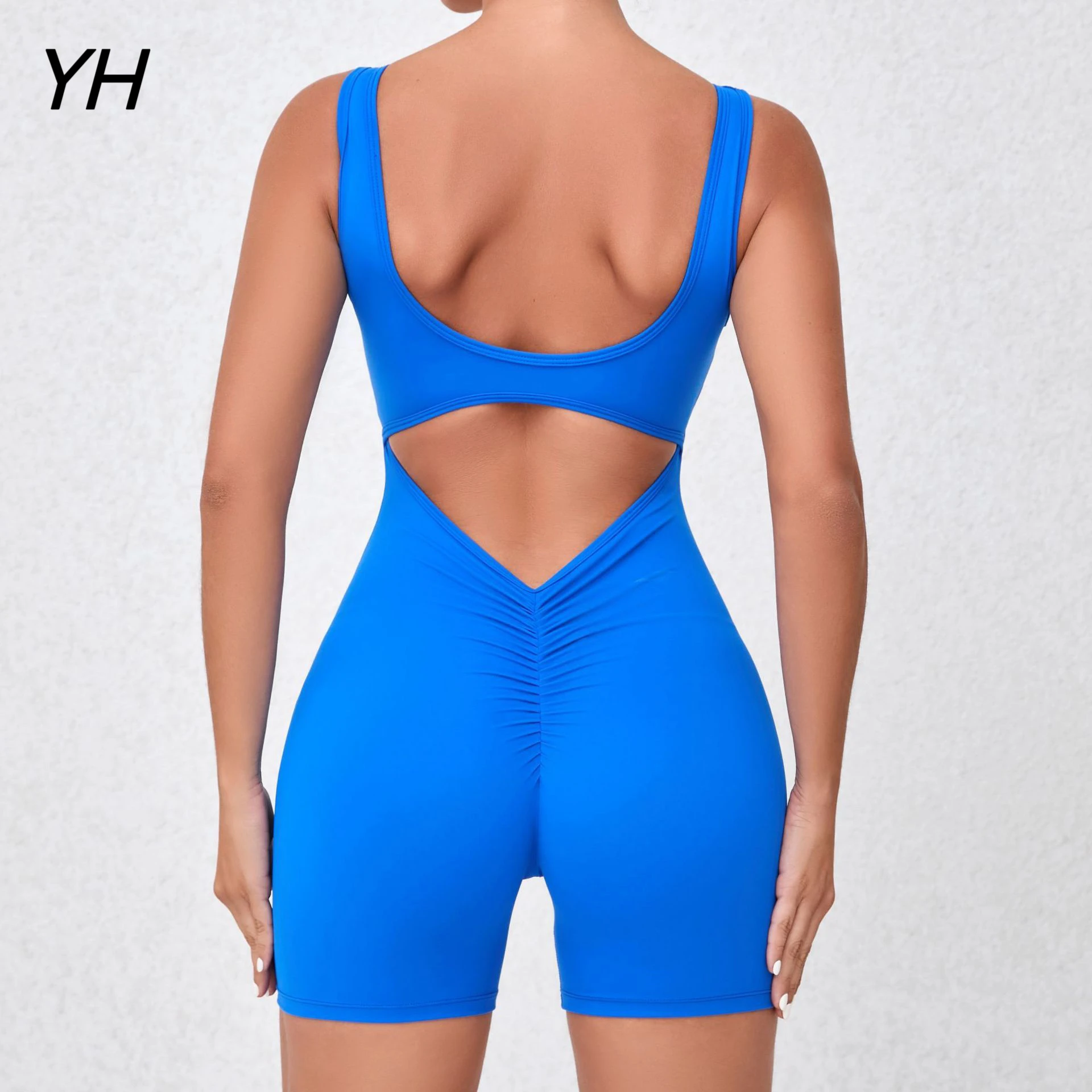 Gym Female Short Jumpsuit Yoga Fitness Overalls Sexy Bodysuit One Pieces Workout Clothes for Women Backless Sportswear Blue Body