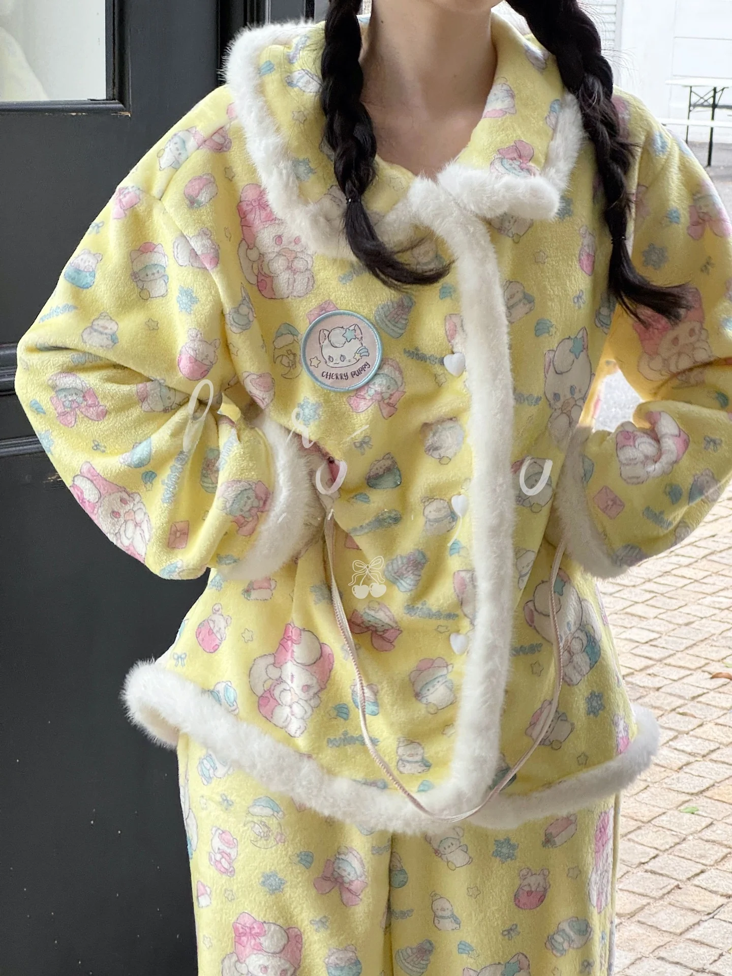 cherry-puppy-snowball-warm-spwear-set-women's-long-sve-fce-plu-home-clothes-comfortable-cute-collar-home-suit